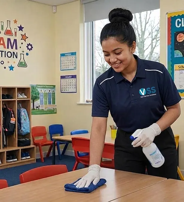 VSS professional cleaner sanitizing a Sydney primary school classroom