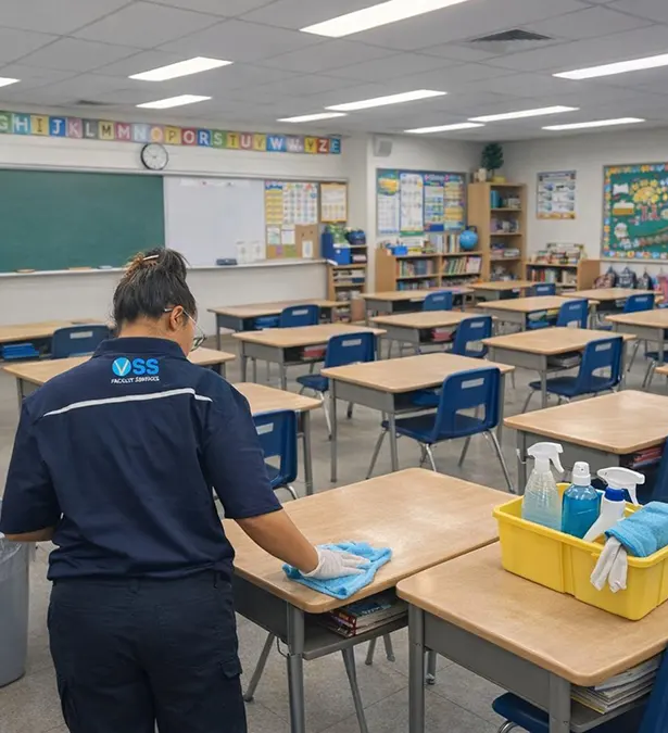 Professional VSS technician sanitizing a high-touch surface in a Sydney educational facility using hospital-grade disinfectants.